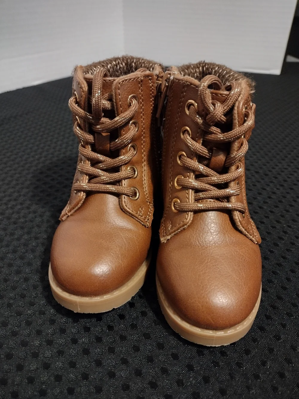 Jellypop Brown Faux-Leather Lace-Up Kids Ankle Boots with Knit Cuff